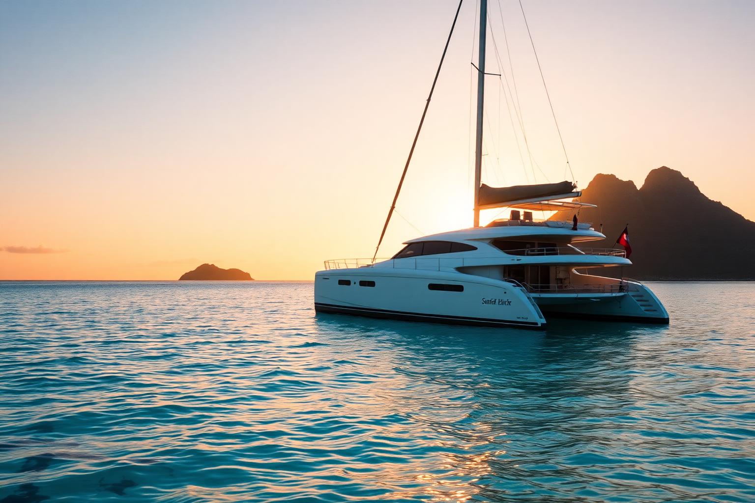 Luxury catamaran in a Mauritius lagoon at golden hour